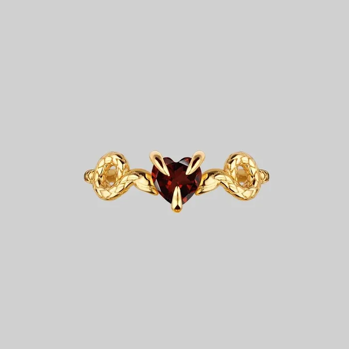 DESIRE. Snakes & Heart Garnet Ring – Gold