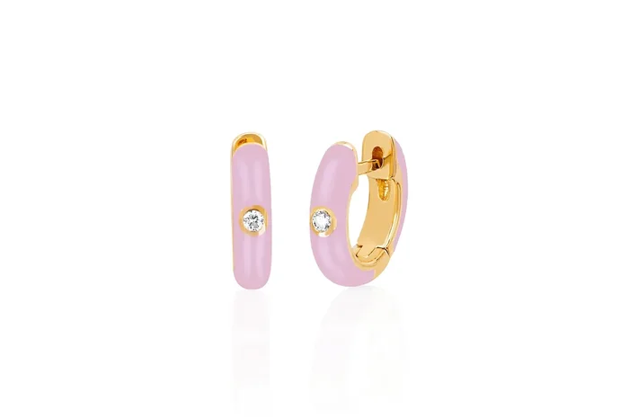 Diamond & Light Pink Enamel Huggie Earring