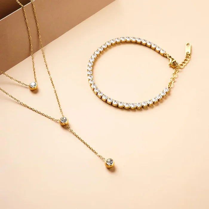 Diamond Affair Bracelet & Two Layered Solitaire Drop Necklace Combo Set