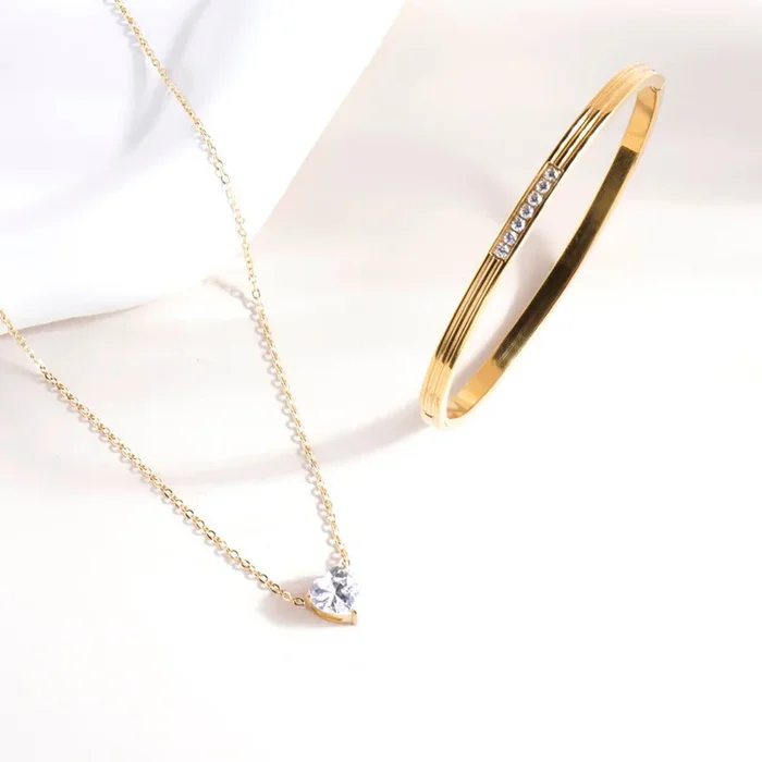 Diamond Allure Bangle Bracelet & Sparkling Hearts Gold Necklace Combo Set