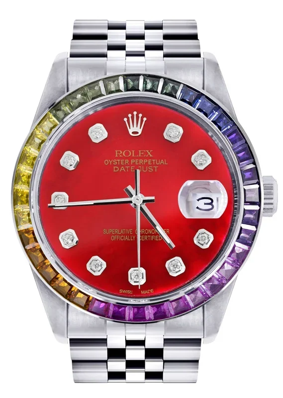 Diamond Gold Rolex Watch For Men 16200 | 36Mm | Rainbow Sapphire Bezel | Red Dial | Jubilee Band