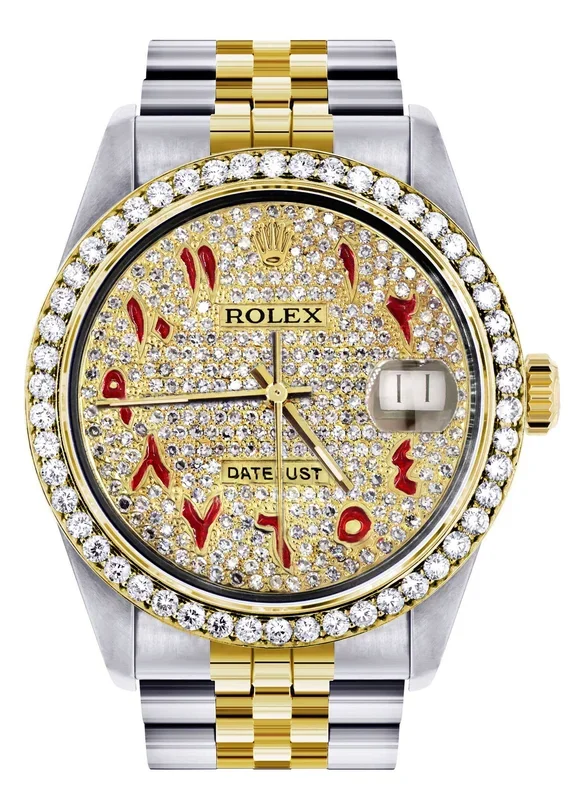 Diamond Gold Rolex Watch For Men 16233 | 36Mm | Custom Red Arabic Full Diamond Dial | Jubilee Band