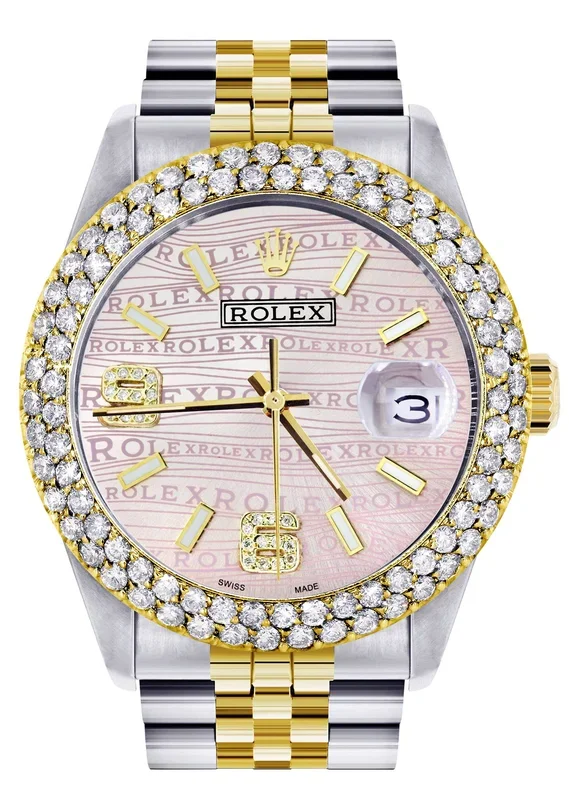 Diamond Gold Rolex Watch For Men 16233 | 36Mm | Pink Texture Dial | Two Row 4.25 Carat Bezel | Jubilee Band