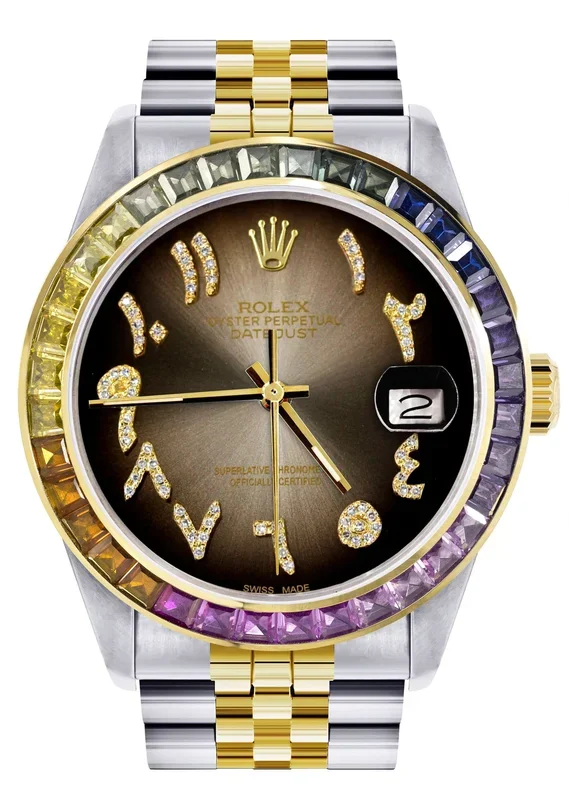 Diamond Gold Rolex Watch For Men 16233 | 36Mm | Rainbow Sapphire Bezel | Diamond Brown Arabic Numeral Dial | Jubilee Band