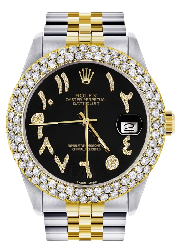Diamond Gold Rolex Watch For Women 16233 | 36Mm | Black Arabic Diamond Dial | Two Row 4.25 Carat Bezel | Jubilee Band