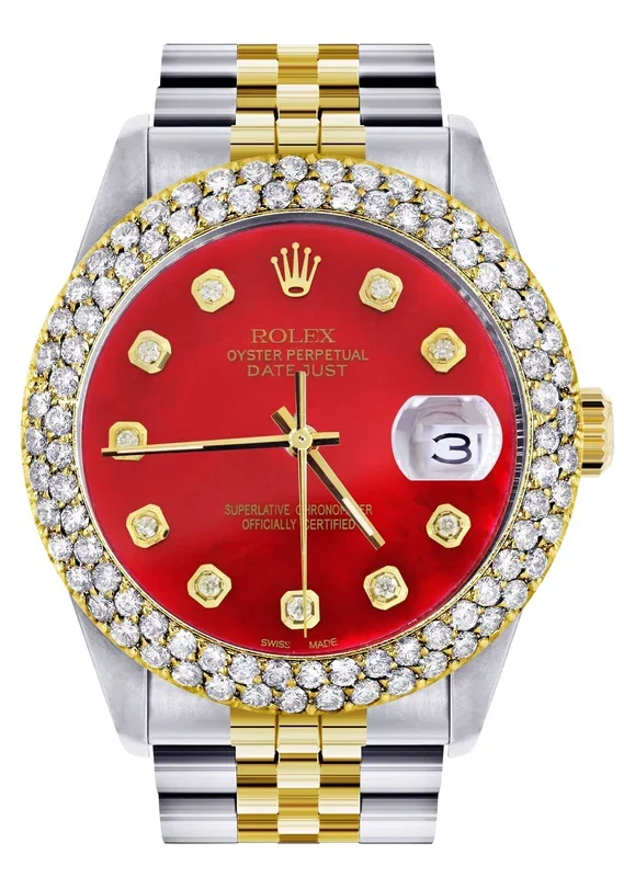 Diamond Gold Rolex Watch For Women 16233 | 36Mm | Custom Red Dial | Two Row 4.25 Carat Bezel | Jubilee Band