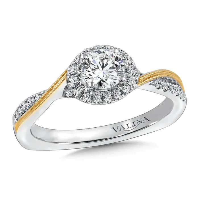 Diamond halo engagement ring mounting with side stones in 14k white/yellow gold.