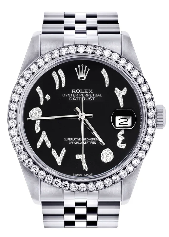 Diamond Mens Rolex Datejust Watch 16200 | 36Mm | Black Arabic Diamond Dial | Jubilee Band