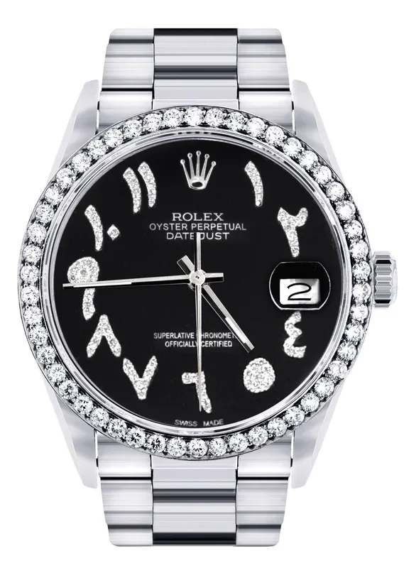 Diamond Mens Rolex Datejust Watch 16200 | 36Mm | Black Arabic Diamond Dial | Oyster Band