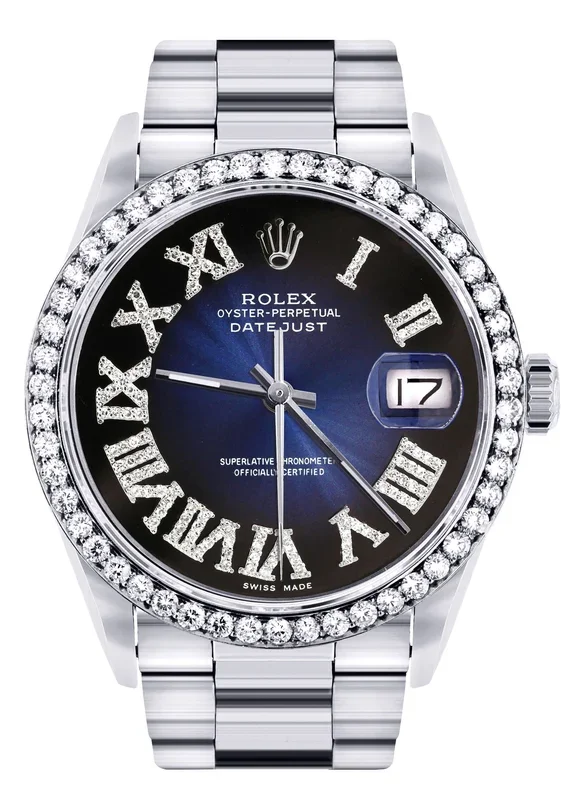 Diamond Mens Rolex Datejust Watch 16200 | 36Mm | Blue Black Roman Numeral Dial | Oyster Band