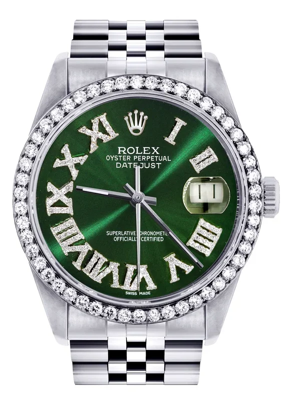 Diamond Mens Rolex Datejust Watch 16200 | 36Mm | Custom Green Roman Numeral Dial | Jubilee Band
