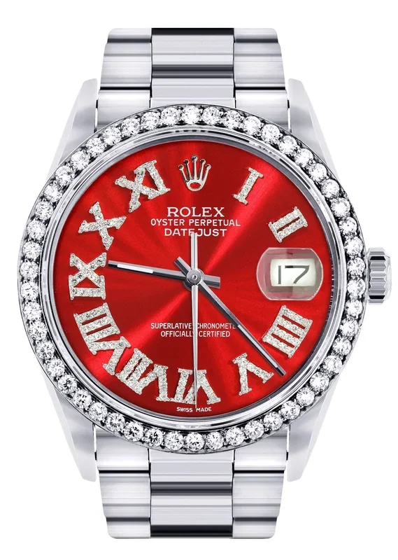 Diamond Mens Rolex Datejust Watch 16200 | 36Mm | Red Roman Numeral Dial | Oyster Band