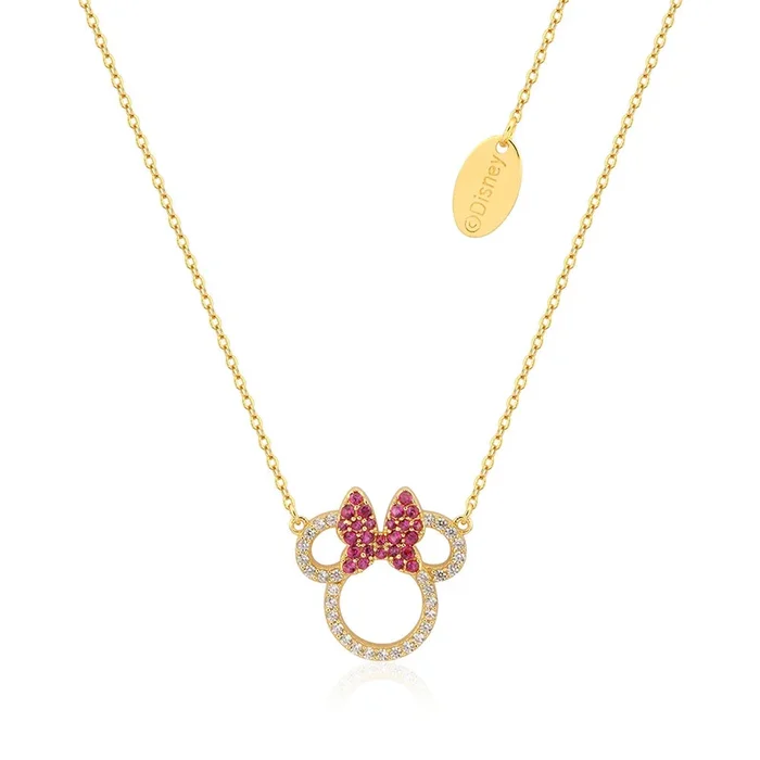 Disney Gold Plated Sterling Silver Minnie Mouse CZ Outline Red Pendant On Chain