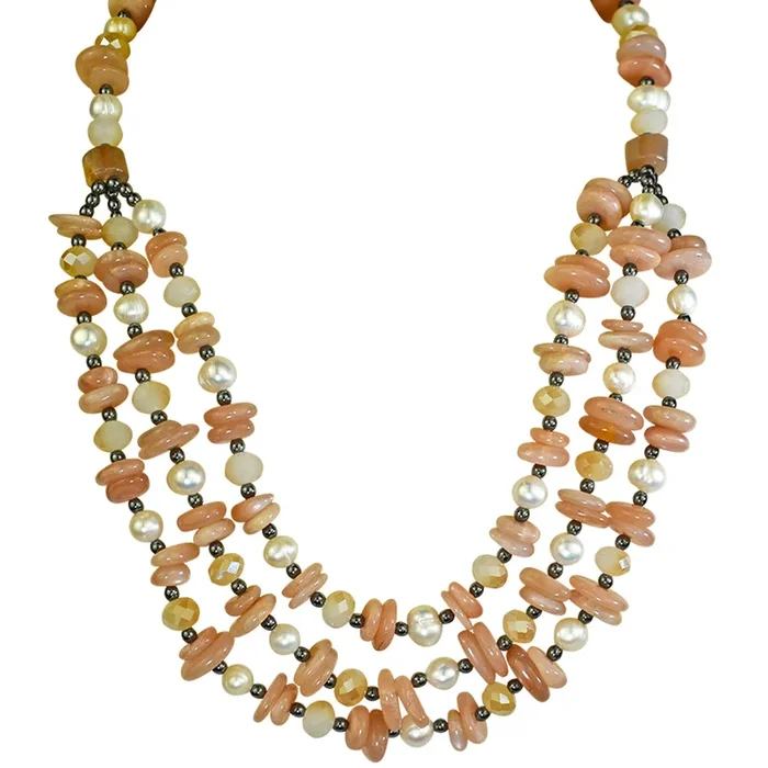 Divine Precious Trio Sun Moonstone & Pearl Necklace (.925 Sterling Silver/Sun Moonstone)