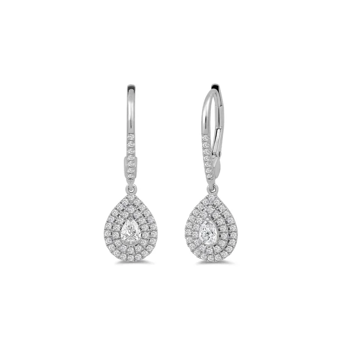 Double Halo Pear Drop Studded Lever Back Earrings