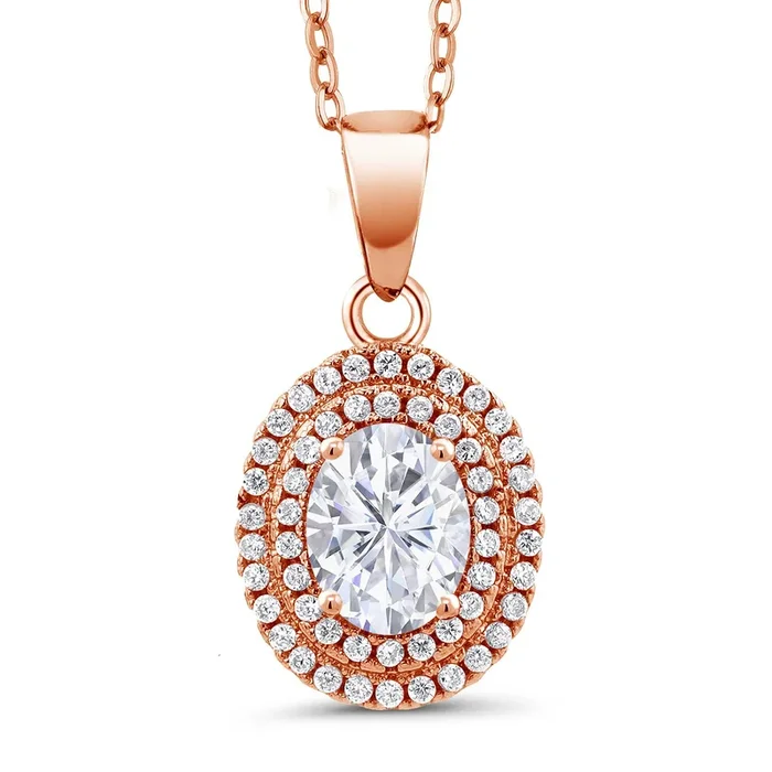 Double Halo Pendant Necklace For Women in 18K Rose Gold Plated Silver | 7X5MM Oval Gemstone Birhtstone with Accent Stones | 18-Inch Chain | Fine Jewelry Gifts for Her Mom Women Wife