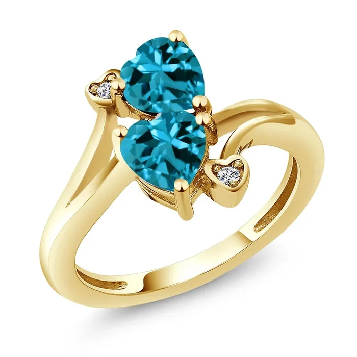 Double Heart Promise Ring for Women in 18K Yellow Gold Plated Silver | 6MM Gemstone Birthstone with 1.5MM White Moissanite Accents | 2-Stone Fine Jewelry for Engagement Wedding Anniversary | Size 5-9