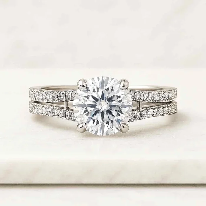 Double Row Split Shank Round Cut Diamond Engagement Ring