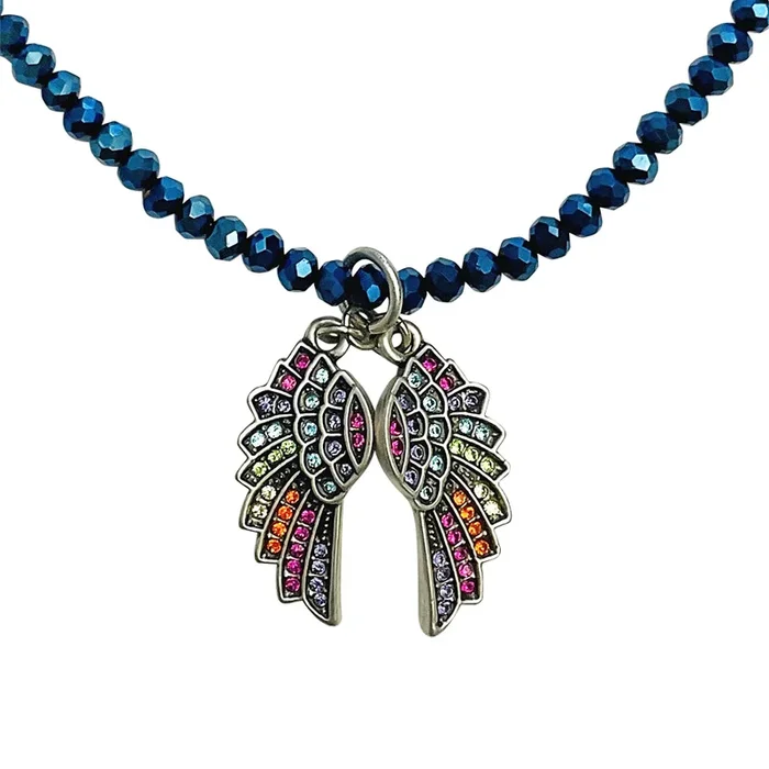 Dreamy Angel Wing Shimmer Beaded Necklace (Silvertone/Blue)