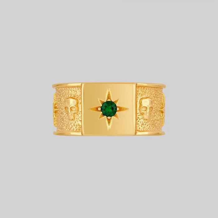 EDWIN. Skull & Star Wide Band Ring – Gold