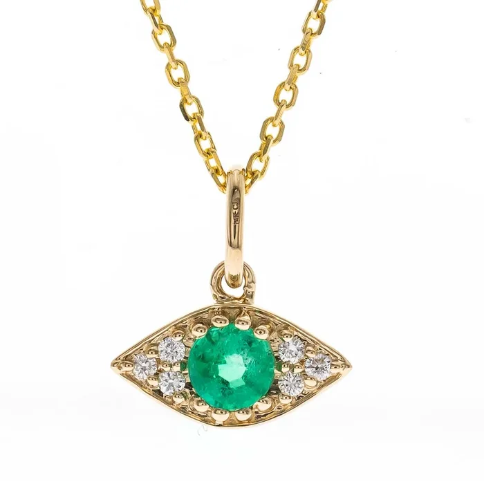 Emerald & Diamond Evil Eye Necklace in 14K Yellow Gold