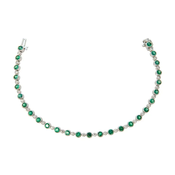 Emerald & Diamond Milgrain Bezel 14K White Gold Tennis Bracelet