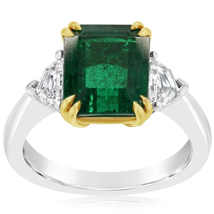 Emerald and Half-Moon Diamond Ring