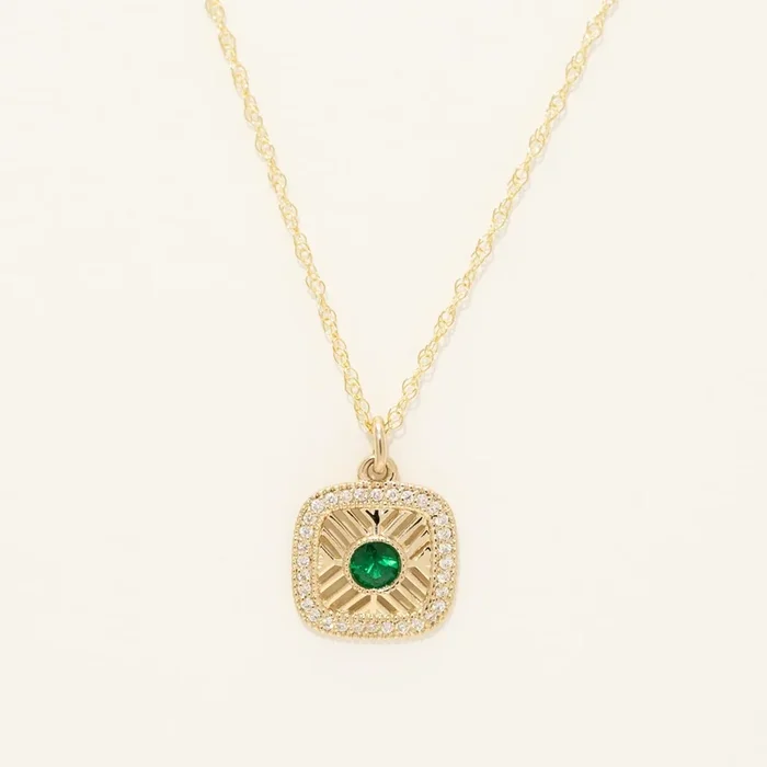 Emerald Art Deco Style Necklace in 14kt Yellow Gold with Diamonds