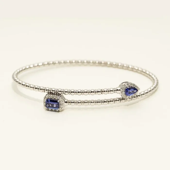 Emerald Cut and Pear Shape Tanzanite Flexible Bangle Bracelet in 14kt White Gold with Diamonds (1 3/8ct tw)