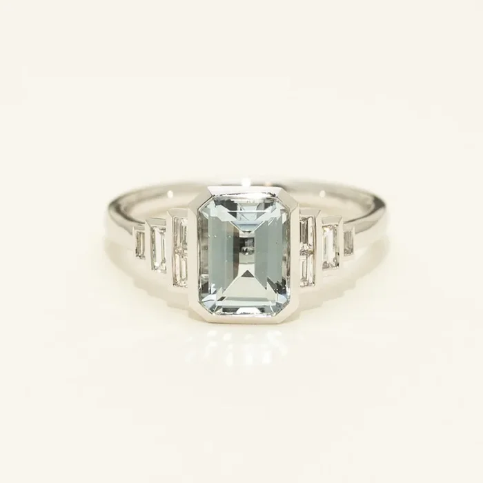 Emerald Cut Aquamarine Ring in 14kt White Gold with Diamonds (1/4ct tw)