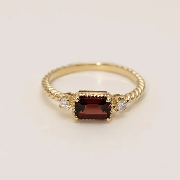 Emerald Cut Garnet Ring in 14kt Yellow Gold with Diamonds (1/10ct tw)