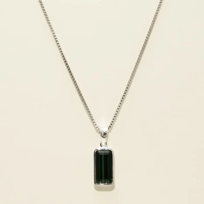Emerald Cut Green Tourmaline Bezel Necklace in Sterling Silver