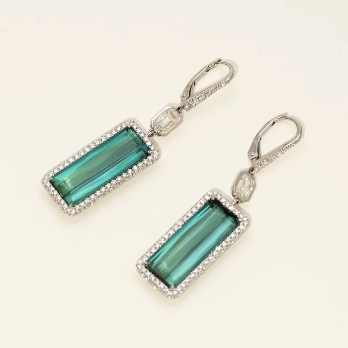 Emerald Cut Green Tourmaline Drop Earrings in 18kt White Gold with Diamonds (1 5/8ct tw)