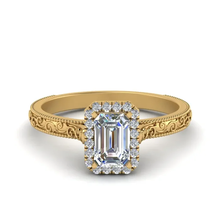 Emerald Cut Milgrain Vintage Diamond Ring With Halo