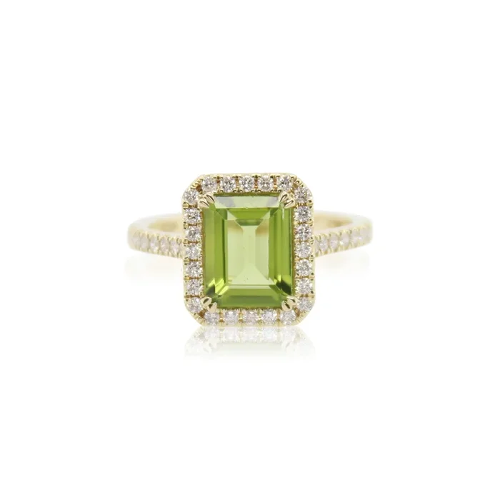 Emerald Cut Peridot and Diamond Ring