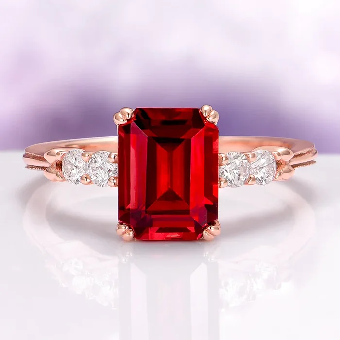 Emerald Cut Red Garnet Engagement Ring in 14K Solid Rose Gold (Hidden Halo)