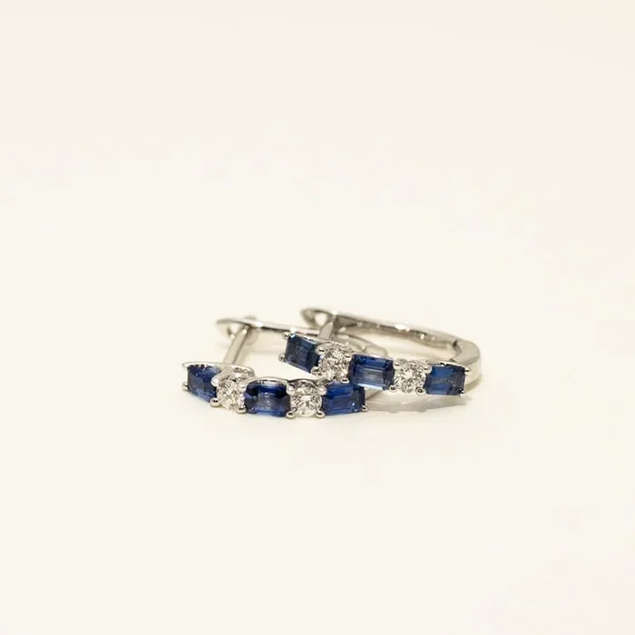 Emerald Cut Sapphire Hoop Earrings in 18kt White Gold with Diamonds (1/7ct tw)