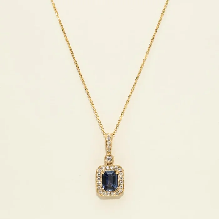 Emerald Cut Sapphire Necklace in 18kt Yellow Gold with Diamonds (3/8ct tw)