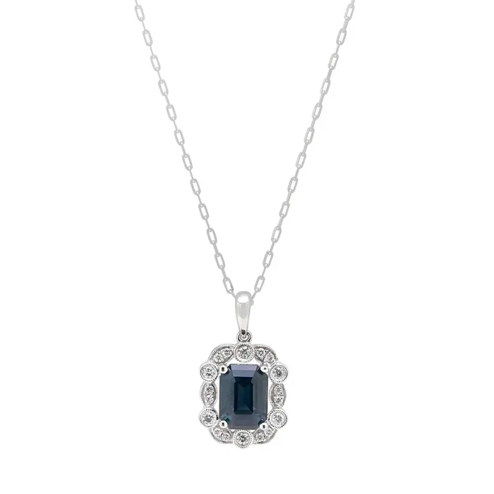 Emerald Cut Teal Sapphire Necklace in 14kt White Gold with Diamonds (1/7ct tw)
