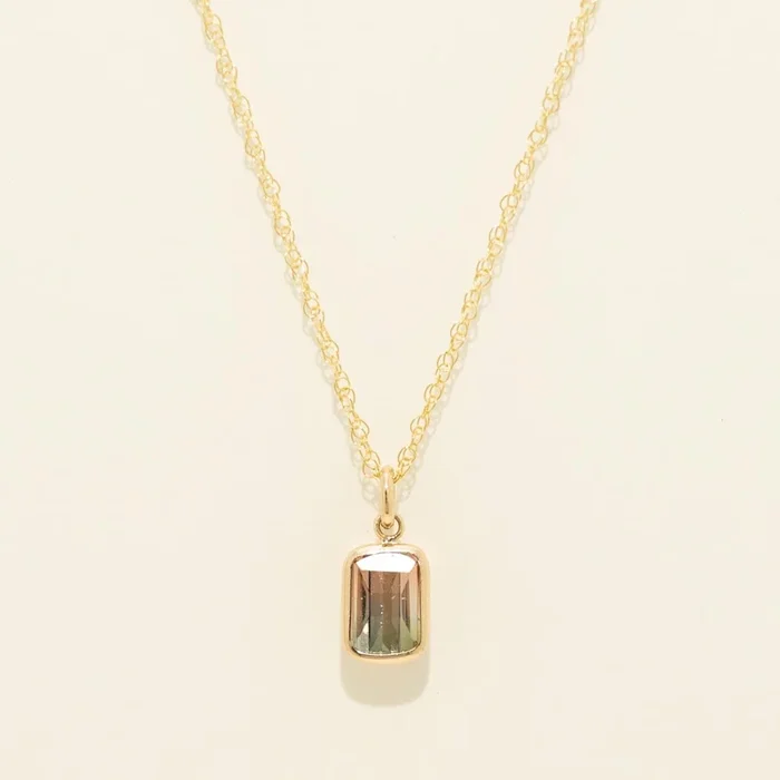 Emerald Cut Watermelon Tourmaline Bezel Necklace in 14kt Yellow Gold