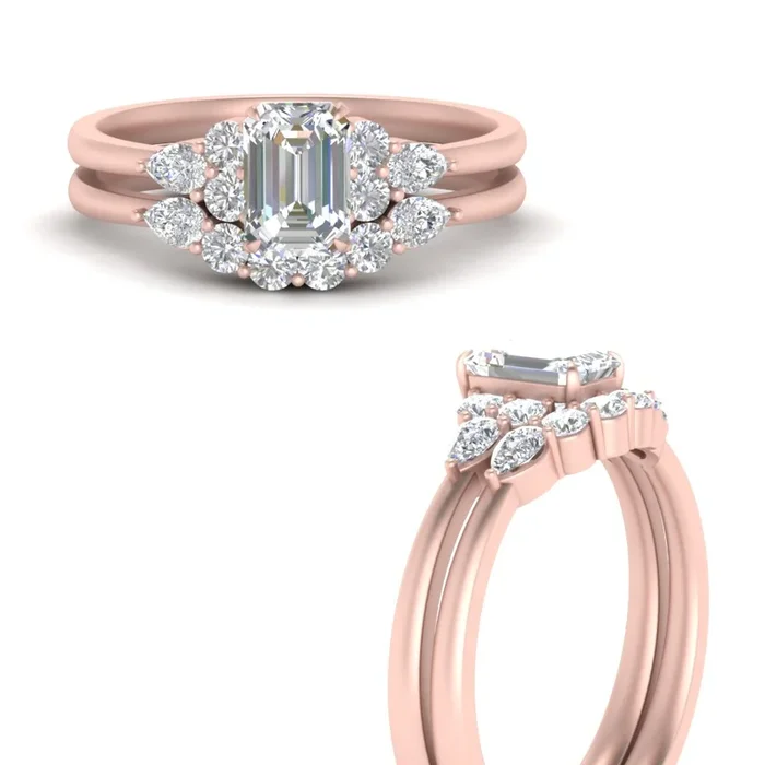 Emerald Diamond Cluster Accent Wedding Ring Set