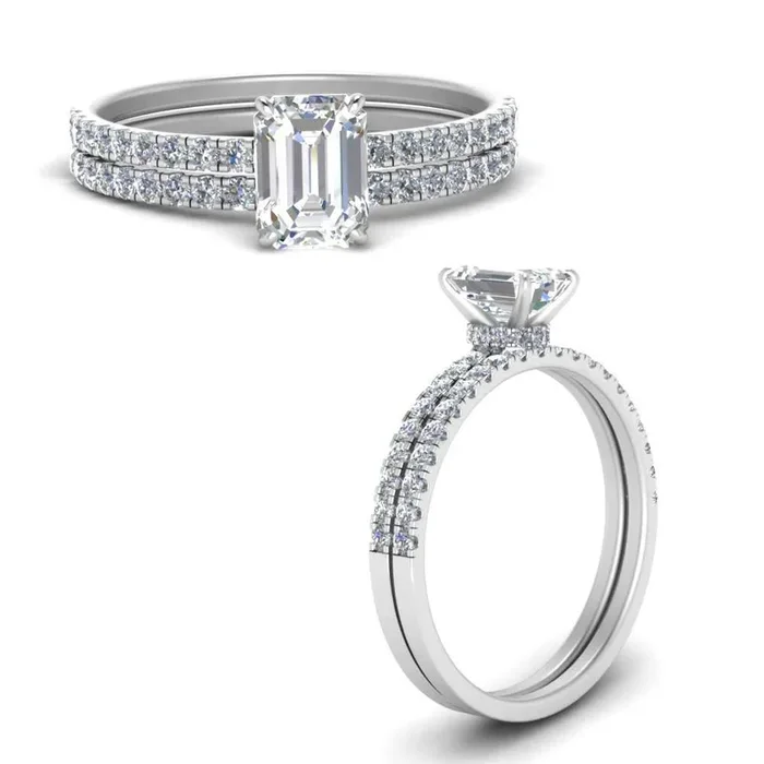Emerald Diamond Hidden Halo Half Way Bridal Set