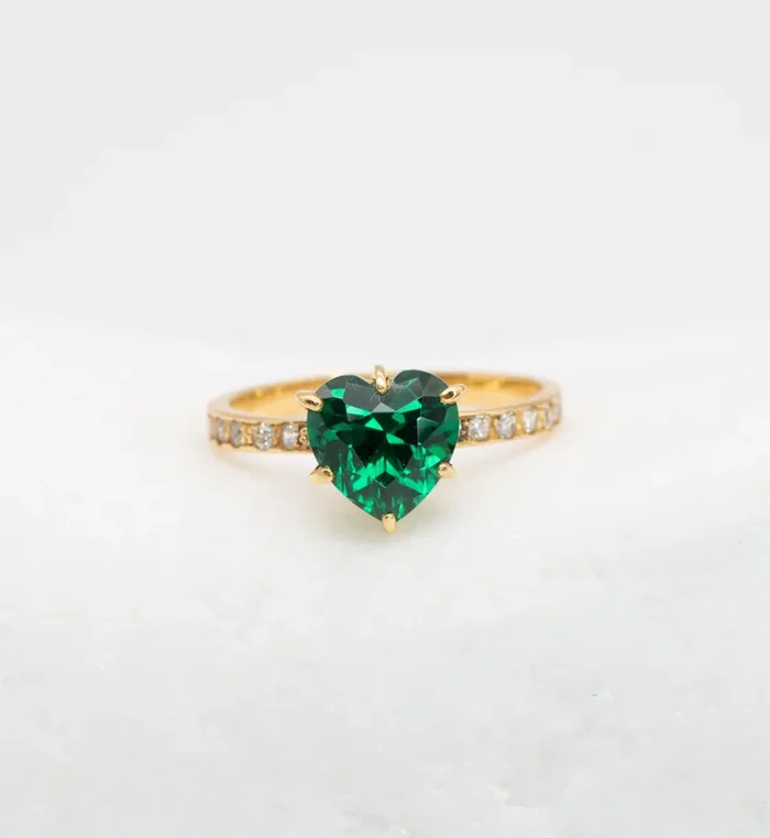 Emerald Heart Ring, Gold Emerald Pave Band, Solitaire Heart Ring