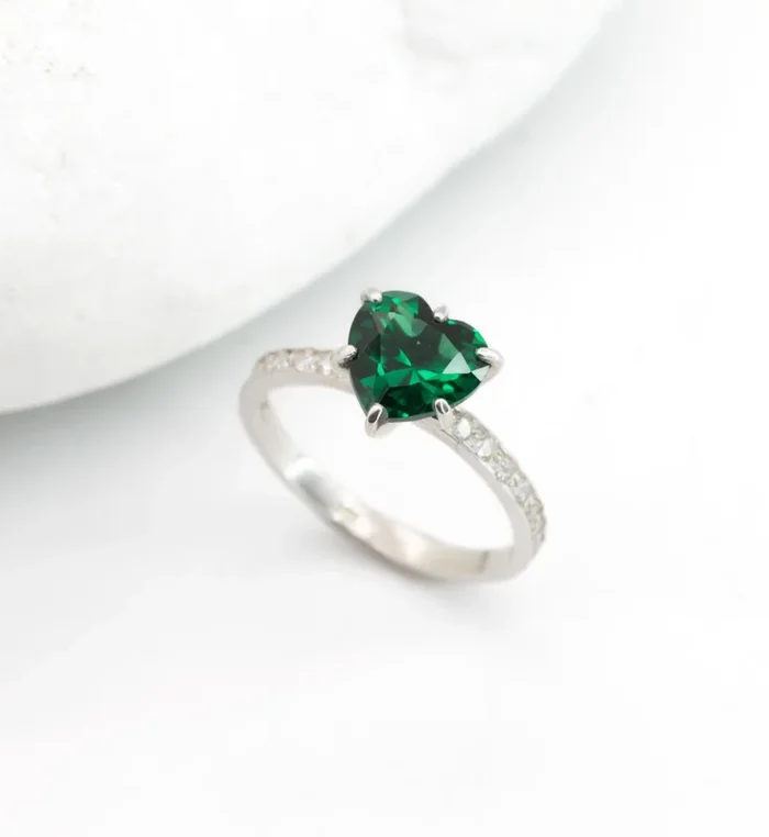 Emerald Heart Ring, Silver Emerald Band, Solitaire Heart Ring