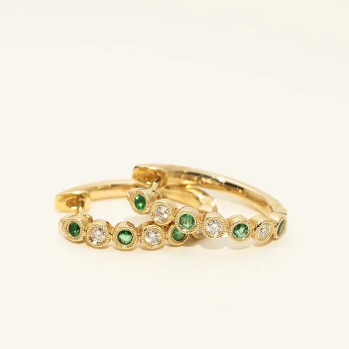 Emerald Hoop Earrings in 14kt Yellow Gold with Diamonds (1/7ct tw)