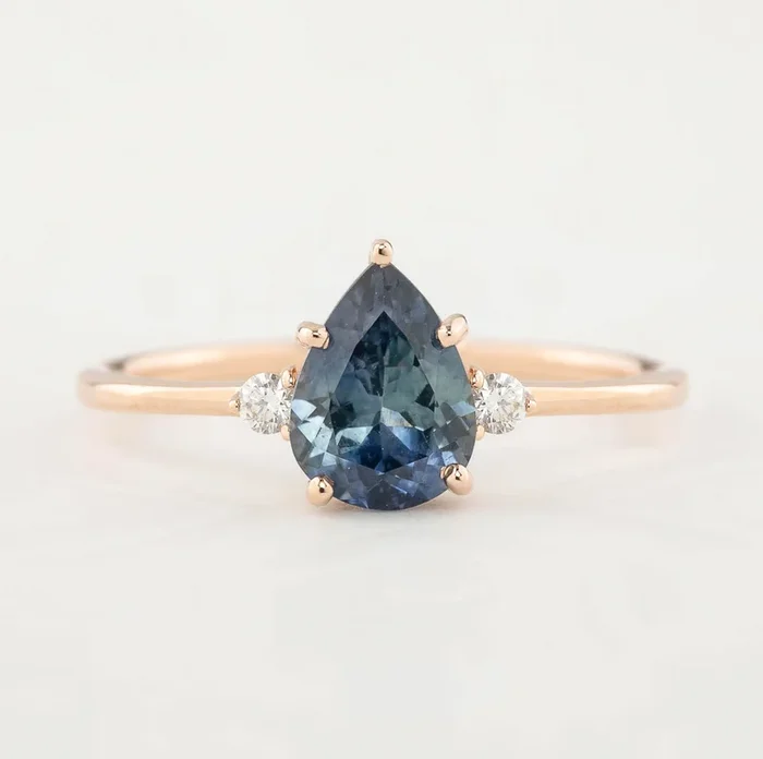 Emilie Ring – 1.40ct Pear Cut Blue Green Montana Sapphire, 14k Rose Gold (One of a kind)