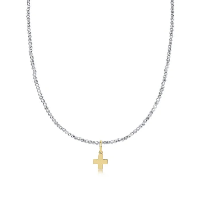 enewton 17″ Choker Bright Silver Faceted Hematite 2mm Bead – Signature Cross Gold Charm