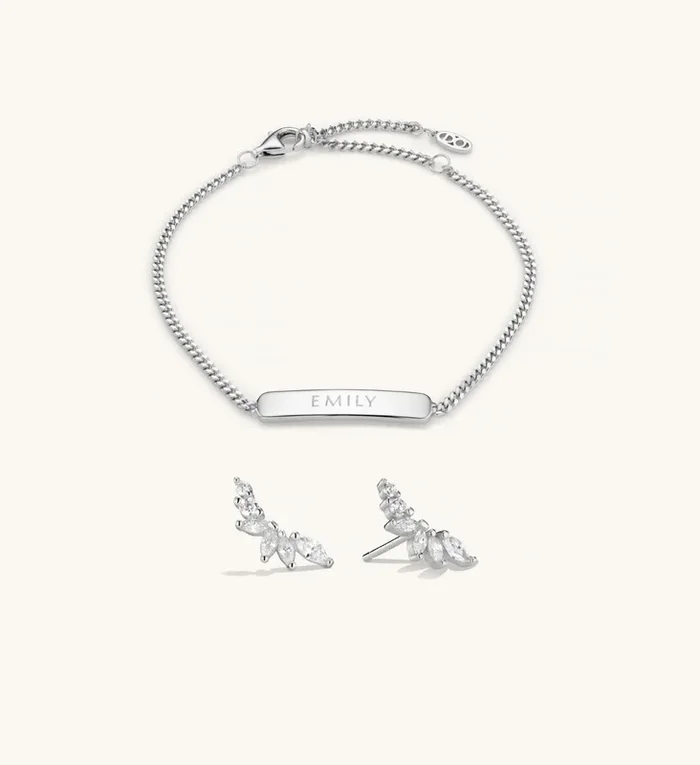 Engraved Bracelet & Crystal Climber Earrings Set In Silver