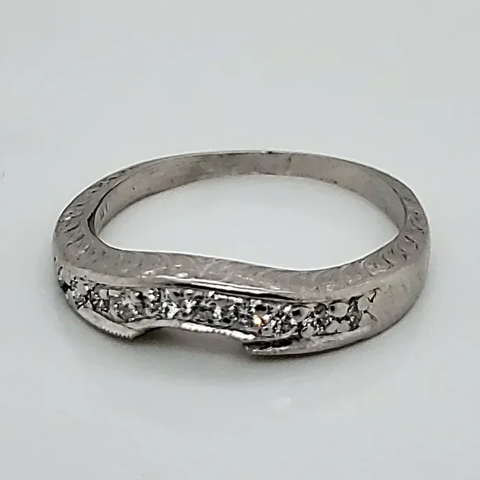 Engraved Platinum Contoured Diamond Wedding Band