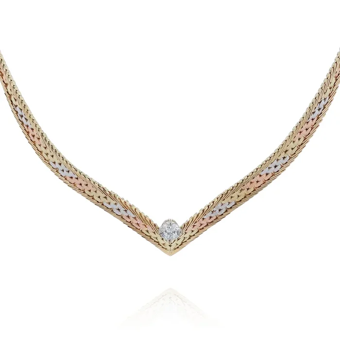 Estate 14k Tri-Tone Brushed Woven V Design Diamond Necklace